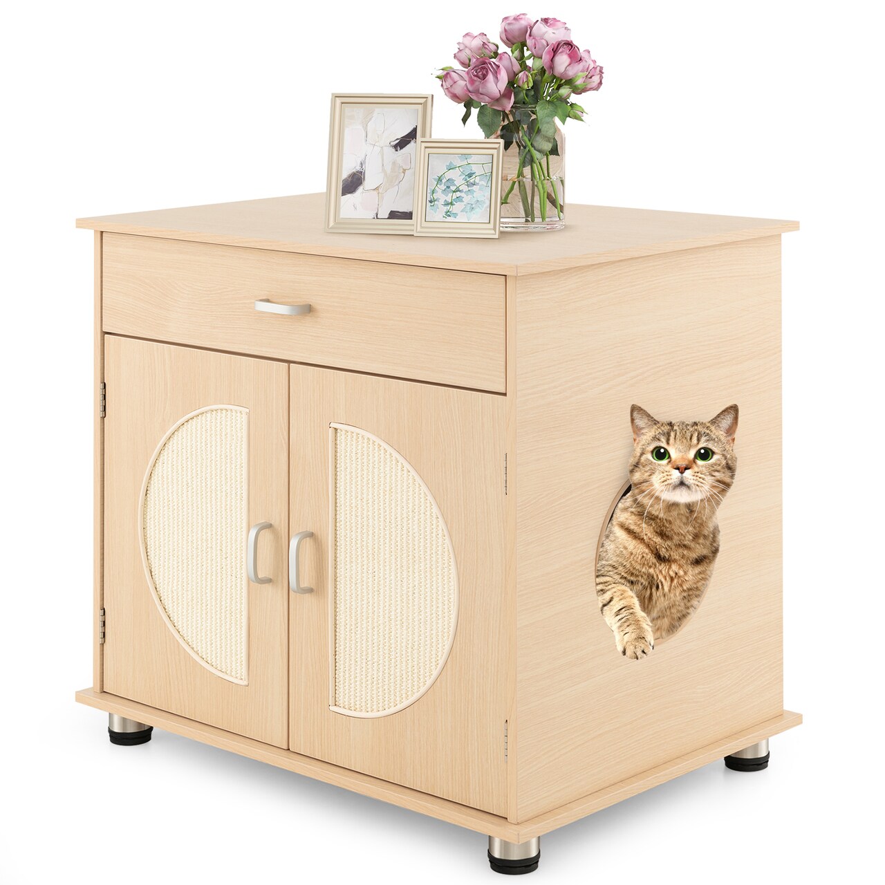 Cat Litter Box Enclosure with Scratching Doors Drawer Storage Natural
